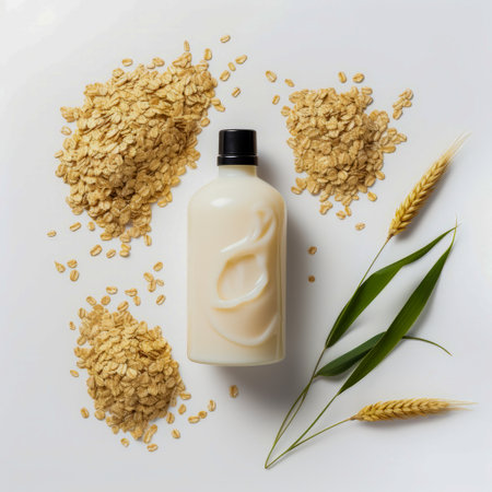 Bottle of milk next to bunch of oats and green leaf. Generative AI.の素材
