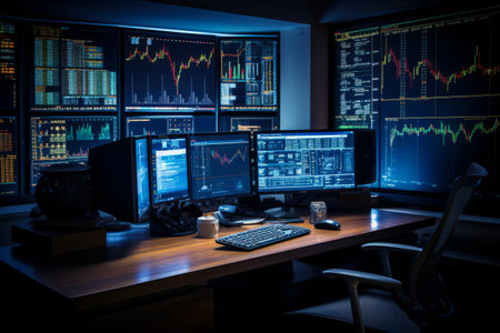 Desk with multiple monitors and keyboard on it in room. Generative AI.の素材