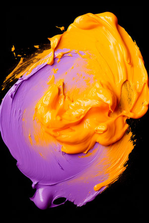 Close up of paintbrush with yellow and purple paint. Generative AI.の素材