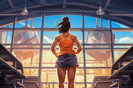 Woman standing in front of window looking out at city. Generative AI.の素材