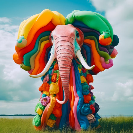 Large elephant made out of balloons in field of grass. Generative AI.の素材