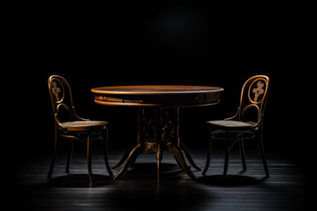 Table and chairs are shown in the dark room with black background. Generative AI.の素材