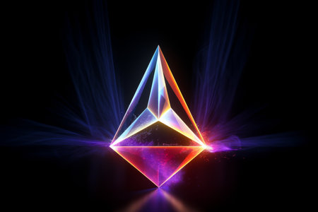 Colorful diamond with black background and bright light coming from it. Generative AI.の素材