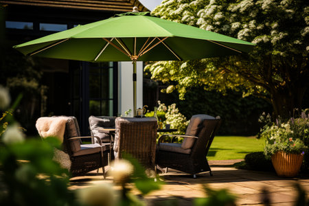 Patio with table and chairs and umbrella over it. Generative AI.の素材