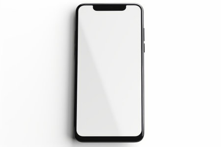 Black and white phone with blank screen on white surface. Generative AI.の素材