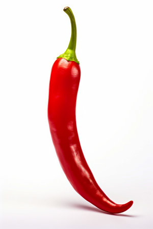 Red pepper with green stem on white background with reflection. Generative AI.の素材