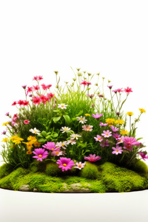 Mossy rock with flowers and grass on top of it. Generative AI.の素材