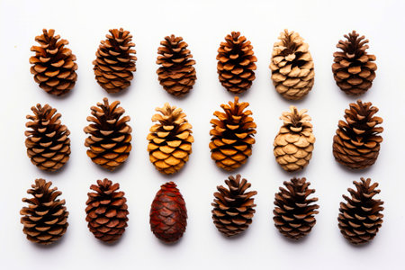 Group of pine cones sitting on top of white surface. Generative AI.の素材