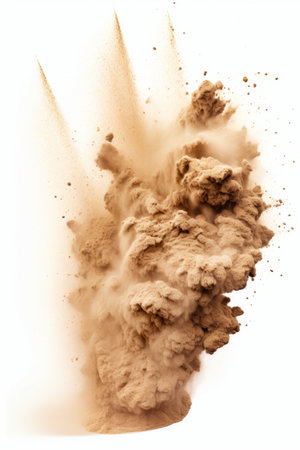 Pile of dirt is flying up into the air with white background. Generative AI.の素材