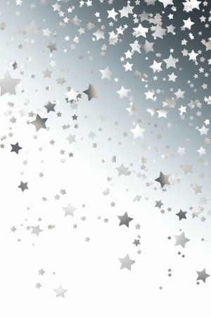 White background with silver stars falling from the sky to the ground. Generative AI.の素材