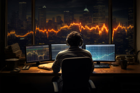 Man sitting at desk with three monitors and laptop. Generative AI.の素材