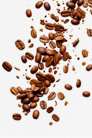Pile of coffee beans on white surface with few scattered around. Generative AI.の素材