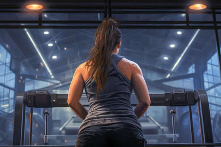 Woman in tank top is standing in gym area. Generative AI.の素材