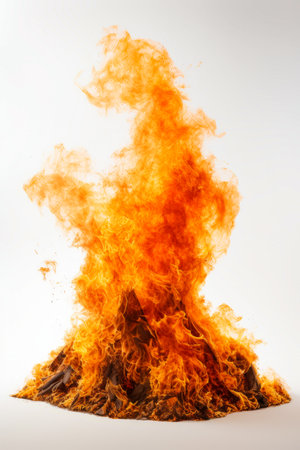 Fire is burning in the air with white background and white wall. Generative AI.の素材