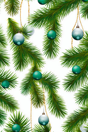 Pine tree branch with ornaments hanging from it's branches. Generative AI.の素材