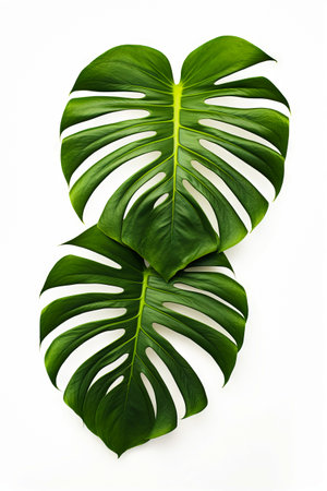 Large green leaf on white background with shadow of plant. Generative AI.の素材