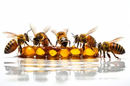 Group of bees on honeycomb with honey in the middle. Generative AI.の素材