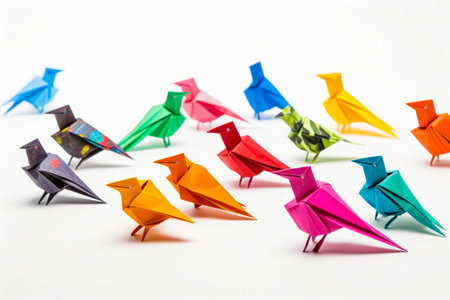 Group of origami birds sitting on top of each other. Generative AI.の素材