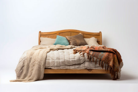 Bed with blanket and pillows on it and blanket on the bed. Generative AI.の素材