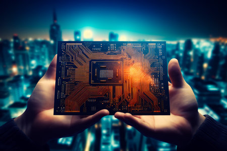 Person holding computer chip in their hands with city in the background. Generative AI.の素材