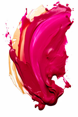 Pink and yellow paint swirls in the air on white background. Generative AI.の素材