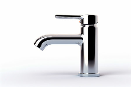 Chrome faucet with black handle and white background. Generative AI.の素材