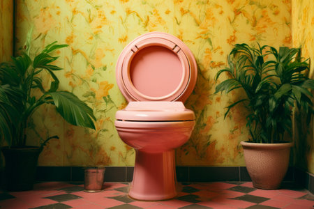 Pink toilet sitting in bathroom next to potted plant. Generative AI.の素材