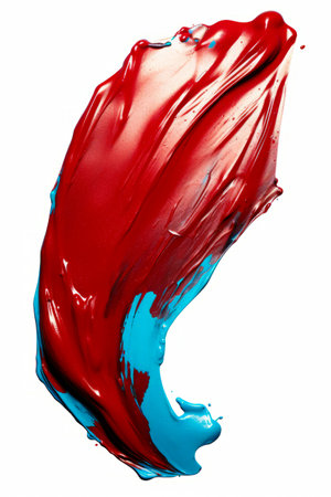 Red and blue liquid is being poured onto white surface. Generative AI.の素材