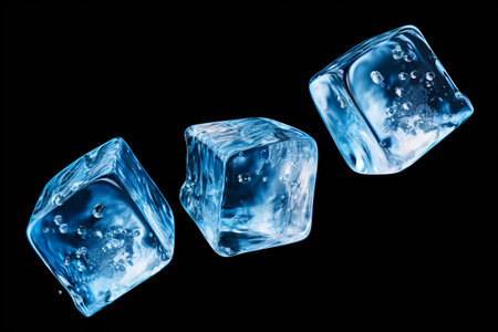 Three ice cubes with water droplets on them on black background. Generative AI.の素材