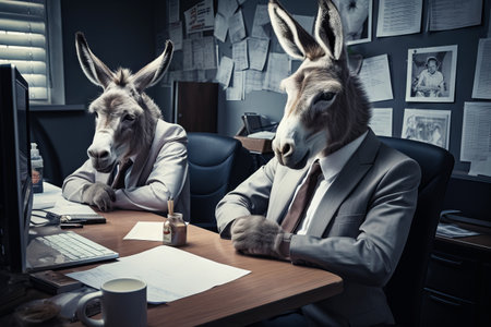Two donkeys dressed in suits sitting at desk with laptop. Generative AI.の素材