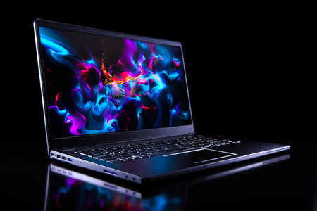 Laptop computer with colorful background on the screen and keyboard. Generative AI.の素材