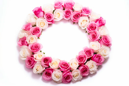 Wreath of pink and white roses on white background photo. Generative AI.の素材