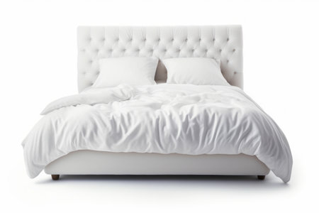 White bed with white comforter and pillows on it. Generative AI.の素材