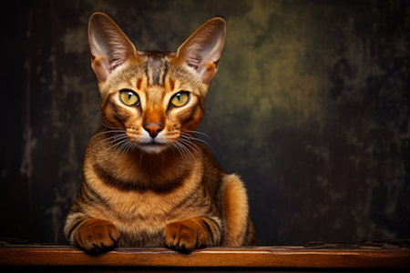 Cat sitting on table looking at the camera with a serious look on its face. Generative AI.の素材