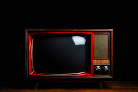 Red television set with black screen on wooden table. Generative AI.の素材