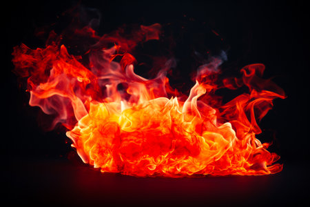 Fire is shown with red and yellow flames on it's side. Generative AI.の素材