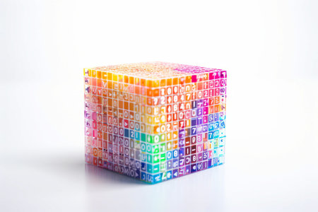 Multicolored cube of numbers on white background with reflection. Generative AI.の素材