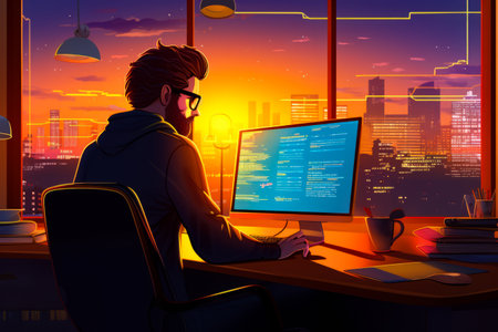 Man sitting at computer desk in front of computer monitor. Generative AI.の素材