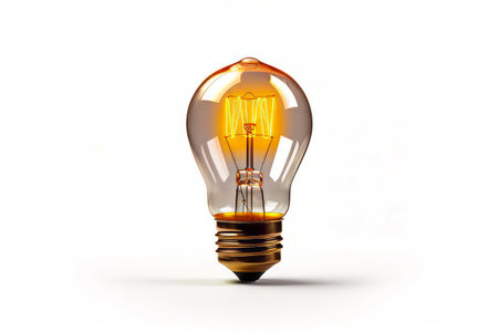 Light bulb with yellow light inside of it on white background. Generative AI.の素材