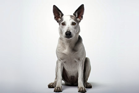 Dog sitting down with white background and white background. Generative AI.の素材