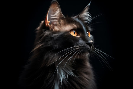 Black cat with orange eyes looking up at something in the sky. Generative AI.の素材