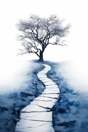 Path leading to tree on snowy day with white background. Generative AI.の素材