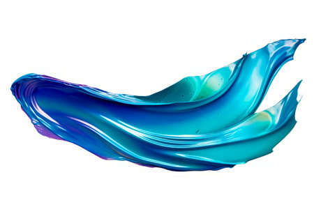 Blue and green liquid flowing in the air with white background. Generative AI.の素材