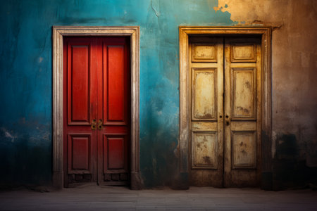 Two doors are open in blue and red wall with red door. Generative AI.の素材