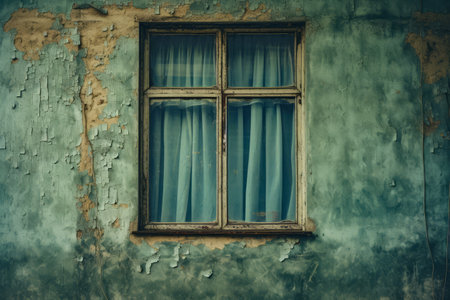 Window with curtain and cat sitting on bench. Generative AI.の素材