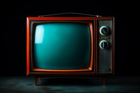Small television with green screen on black background with black background. Generative AI.の素材