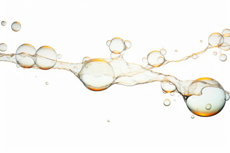 Liquid is being poured into white background with bubbles of orange. Generative AI.の素材
