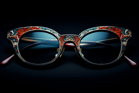 Pair of glasses with colorful design on them, on black background. Generative AI.の素材