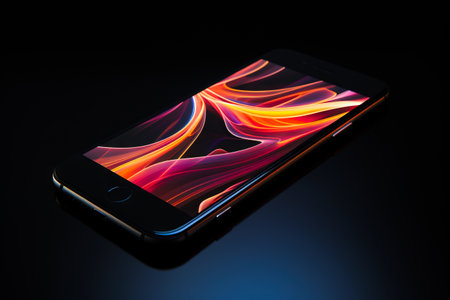 Close up of cell phone on table with black background. Generative AI.の素材
