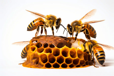 Group of bees on honeycomb with white background. Generative AI.の素材